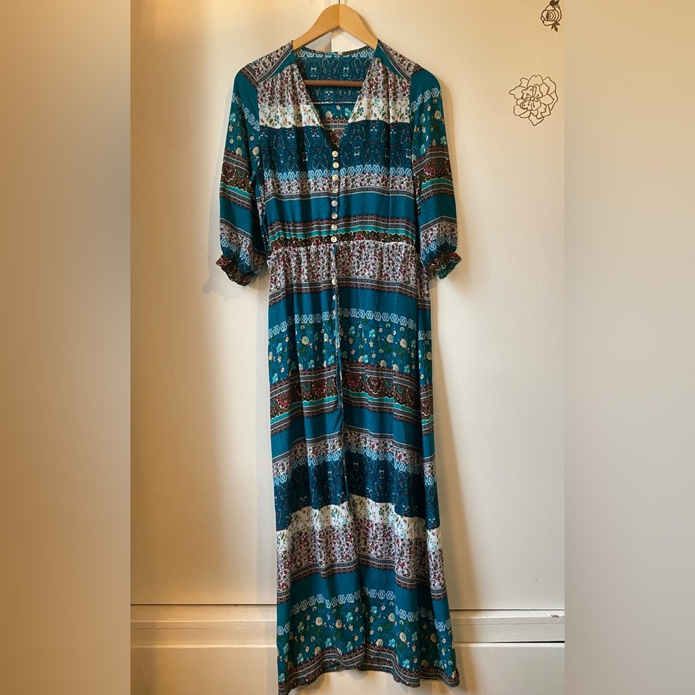 Long Blue Dress Maxi Dress Slit Buttons Runched Sleeves Womens Floral XL